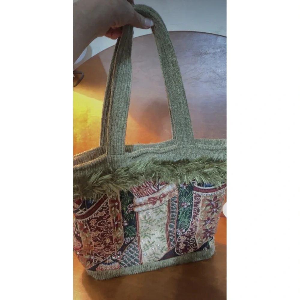VTG Handmade Tapestry Christmas Tote Bag with Christmas Stockings And Bling
